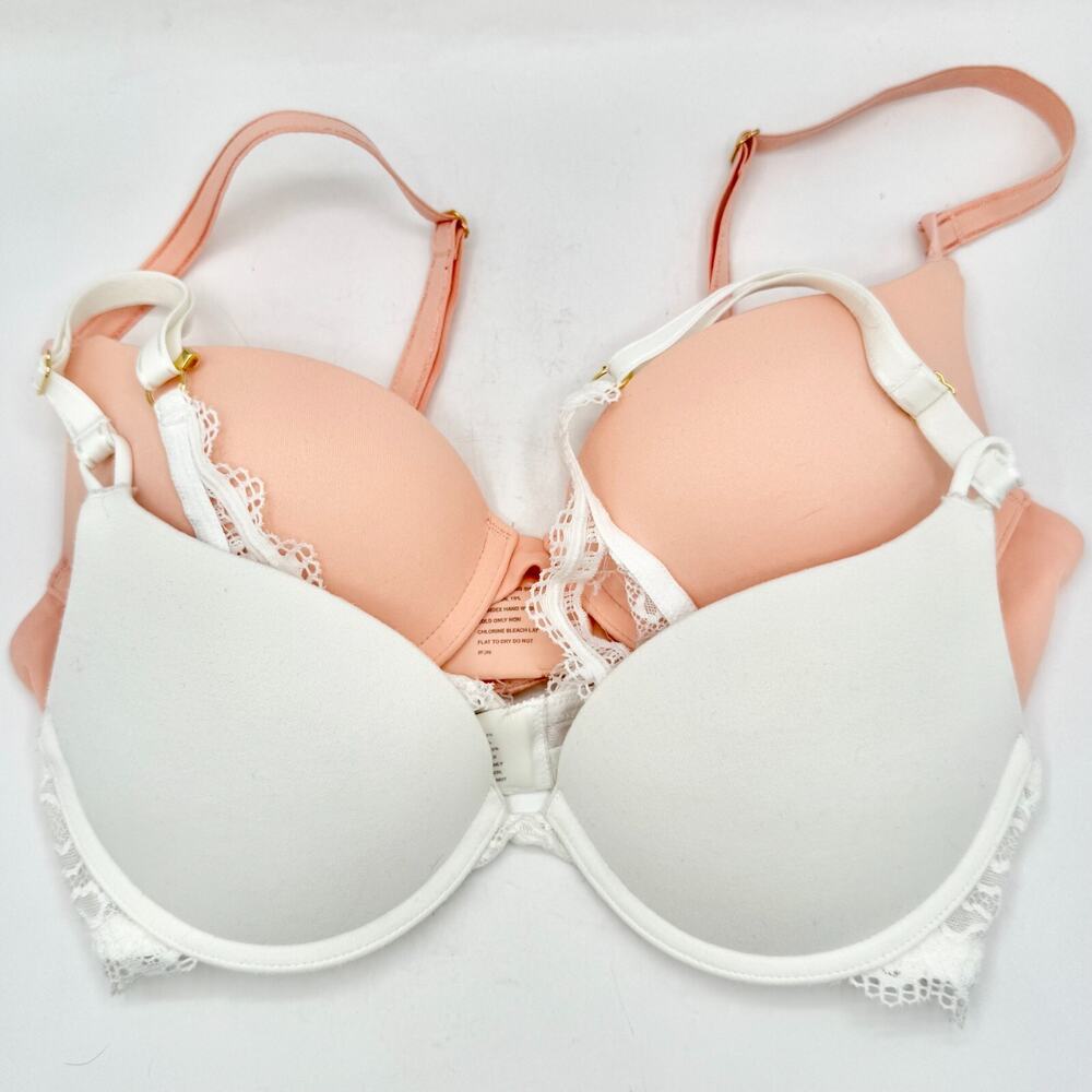 Lot 2 Soma Push-Up Bras 32B Embraceable Padded White Lace & Pink Solid
